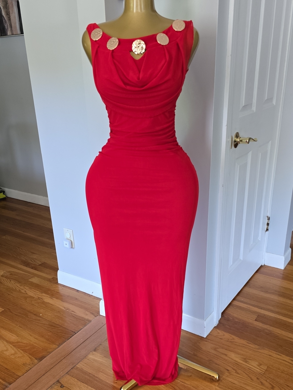Red Sleeveless Ruched Maxi Dress with Gold Disc Accents